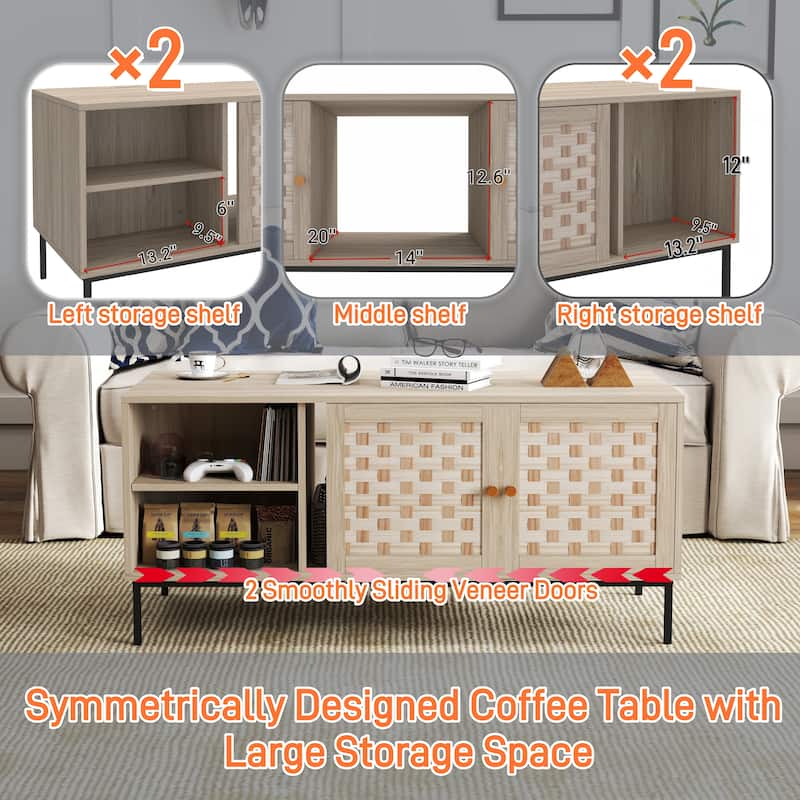Bohemian-Style Coffee Table with Woven Design, Featuring 4 Sliding Doors and Storage Cabinets, for Living Room