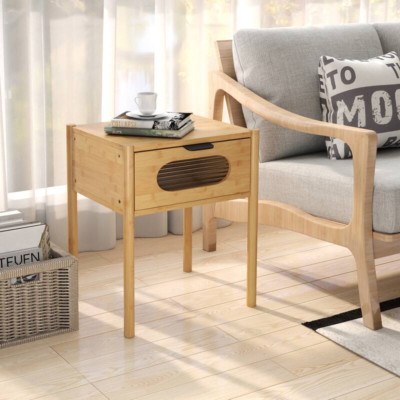 Gymax 2PCS Bamboo Nightstand Farmhouse Bedside Table w/ Tempered Glass