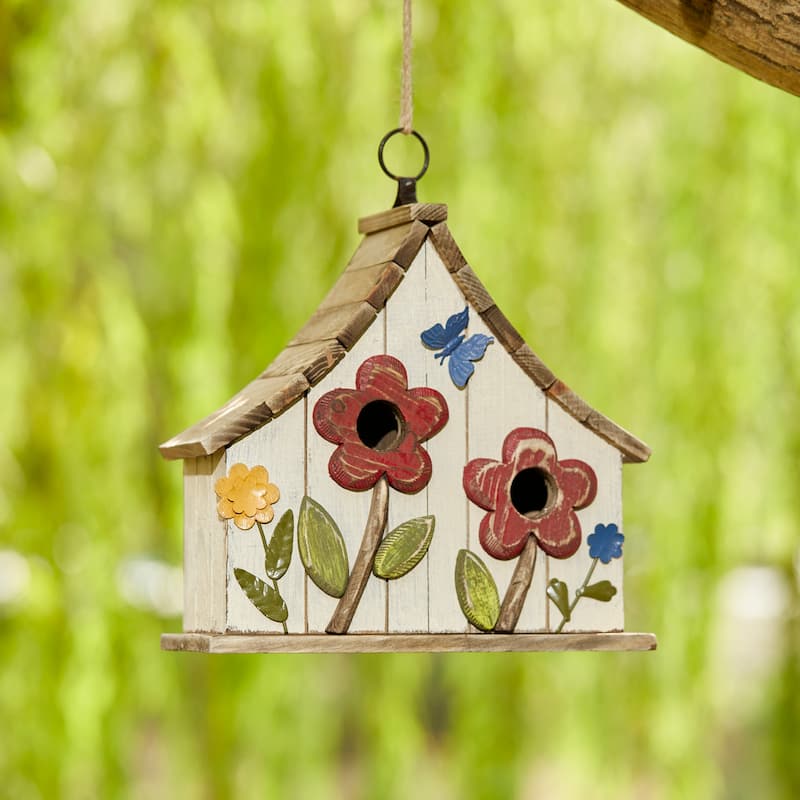 Glitzhome 10.5"H Distressed Solid Wood Birdhouse with 3D Flowers - 10.5"