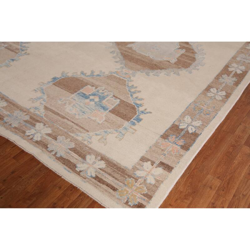 Hand Knotted Oriental 100% Wool Carpet Transitional Geometric Beige & Ivories Oushak Area Rug - 13' 6'' X 10' 3''