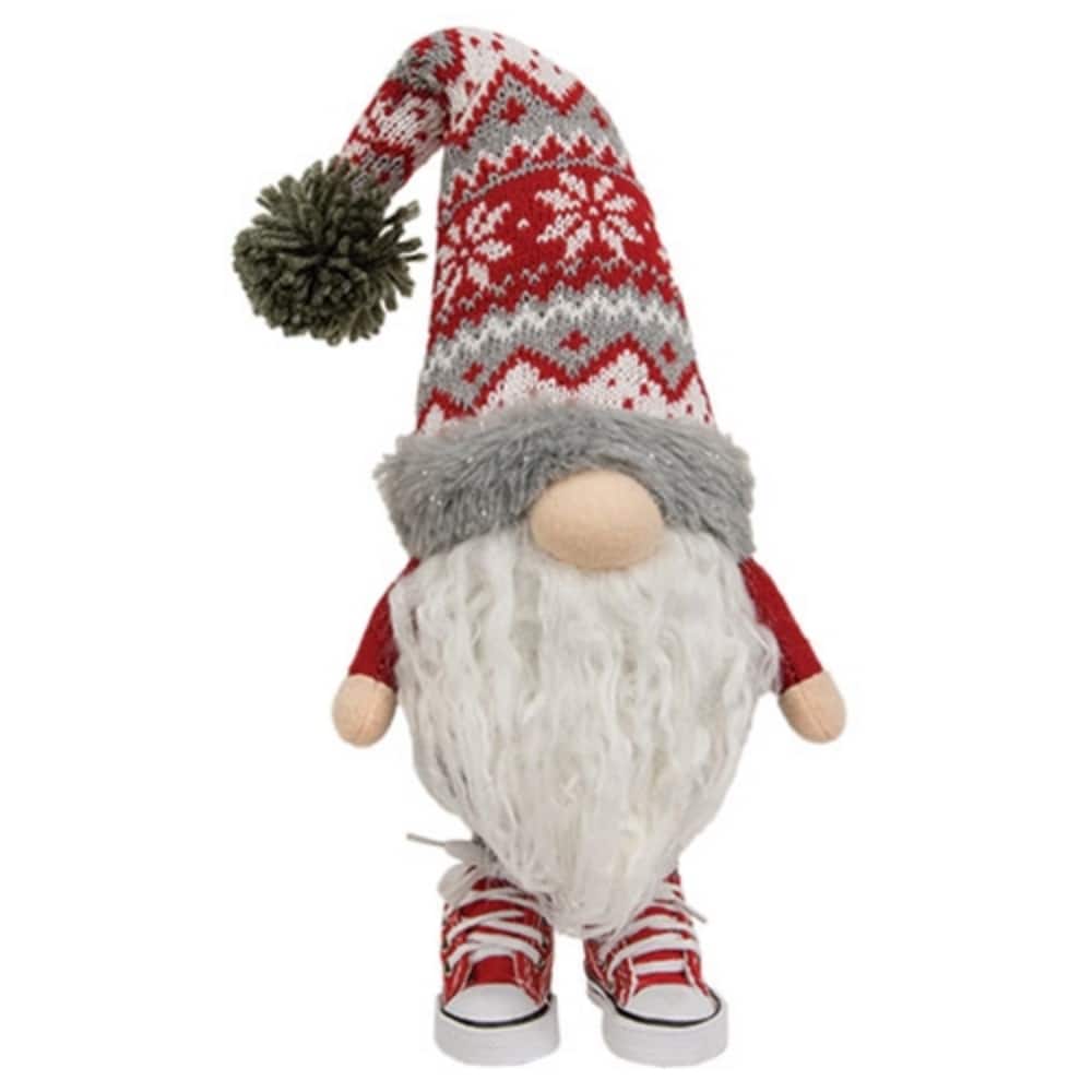 15” Red and Grey Winter Gnome Ornament for Seasonal Home Decor and Table Display - 15" H x 6" W
