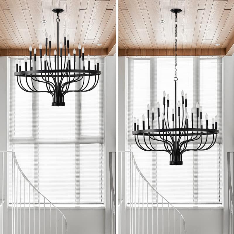 Farmhouse Suspended Pendant Light Fixture 24-Light Black Industrial Iron Candle Chandelier, for Dining Room, Living Room