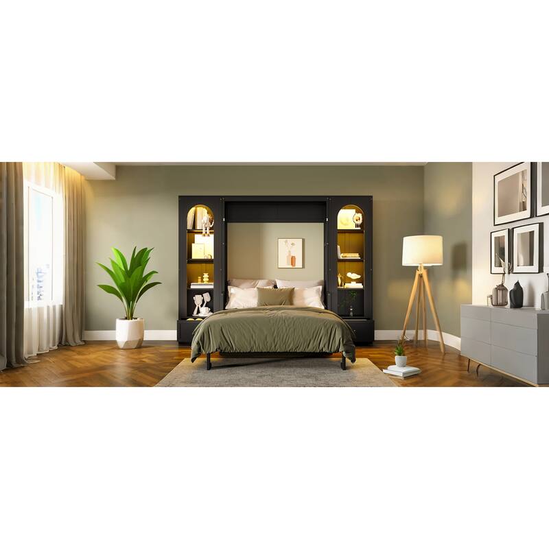 Roomfitters Queen Size Murphy Platform Bed with Side Cabinets and Drawers, LED Lights, Black