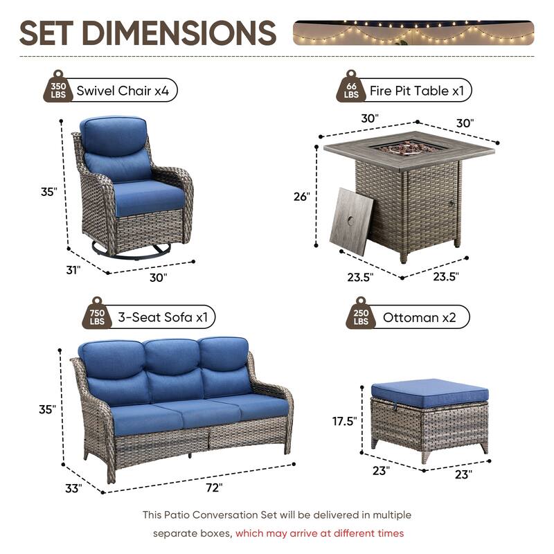 Pocassy Outdoor Propane Fire Table w/ Sofa Swivel Chair Ottoman Funiture Set.