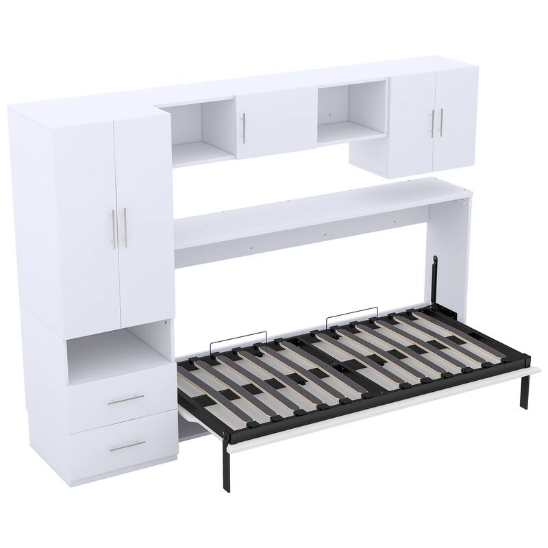 Twin Size Murphy Bed with Open Shelves, Storage Drawers & Wardrobe