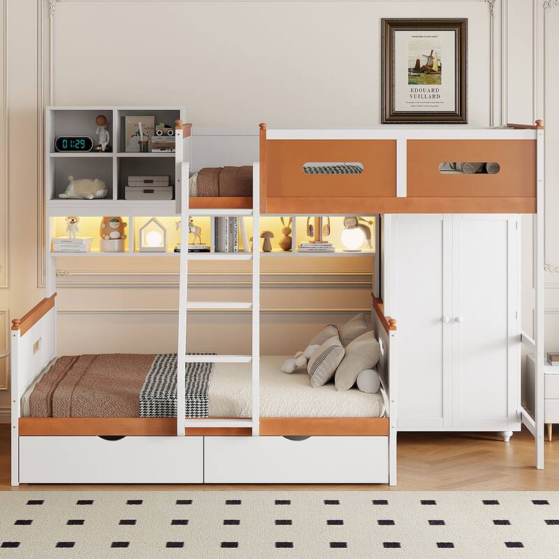 Twin Over Full Wooden Bunk Bed With Wardrobe, Drawers, Shelves And Led Light - White