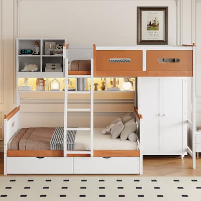 Twin Over Fulll Bunk Beds with Drawers and Stairs Stairway Bunk Bed Frame with Storage Shelves & Wardrobe for Boys Girls Adults