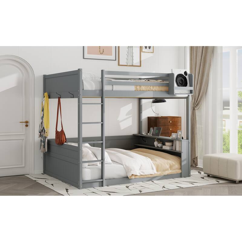 Queen Size Wooden Bunk Bed with Built-in Shelves, Storage Box, 3 Metal Clothes Hooks, Ladder, LED Light and USB Charging Station