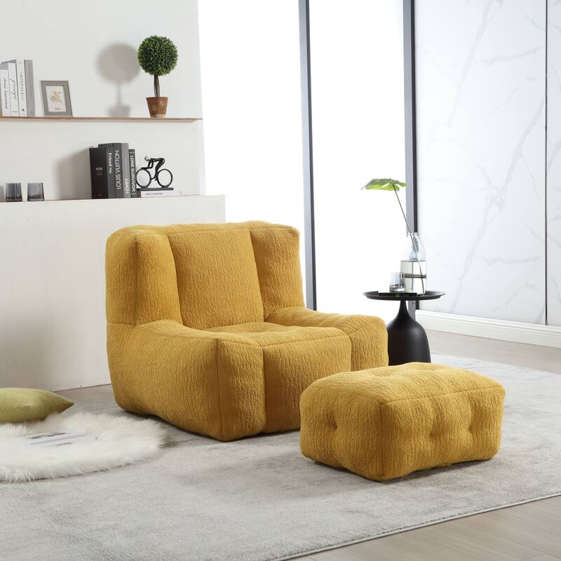 Fluffy Bean Bag Chair with Memory Foam and Ottoman, Super Soft Velvet Bean Bag for Adults & Kids, Comfortable Lazy Sofa - Yellow