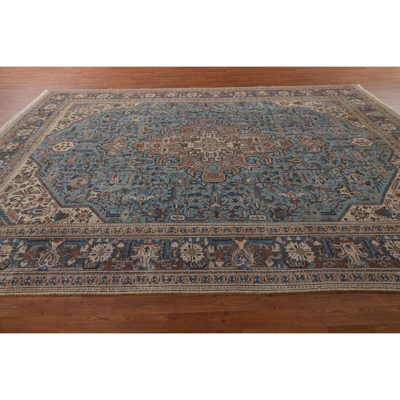 Light Blue Distressed Tabriz Persian Vintage Rug Handmade Wool Carpet - 9'7" x 12'3"