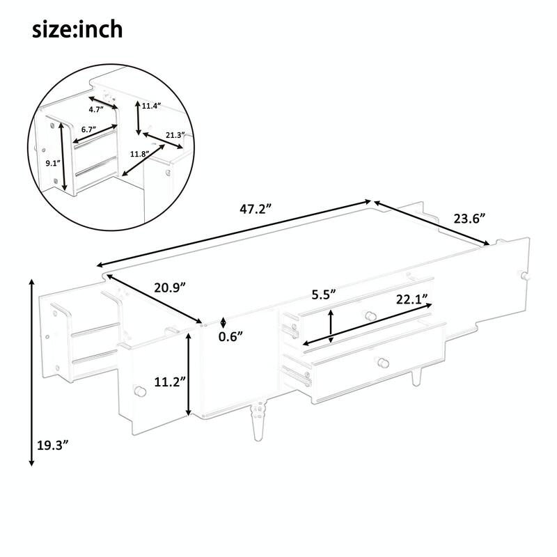 47.2" Wood Coffee Table with Metal Handles and Four Solid Wood Legs
