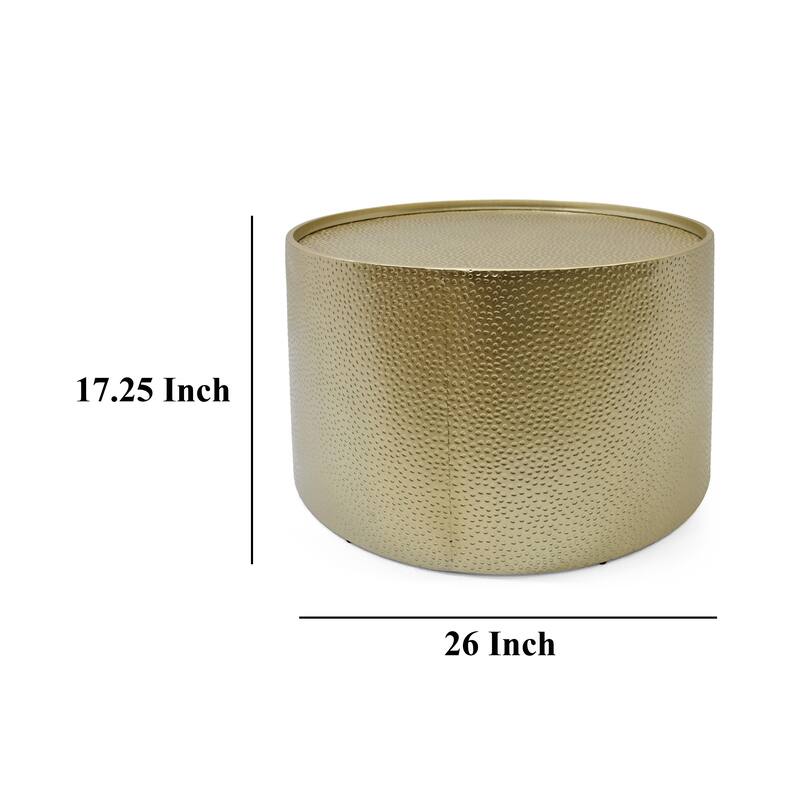 Bet Coffee Table, 26 Inch Round Hammered Look, Modern Gold Iron Metal