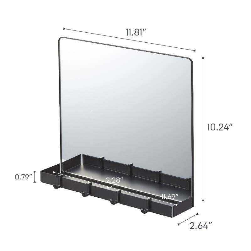 Yamazaki Home Magnetic Mirror with Storage Rack, Glass, Holds 5.5 lbs - L 2.64 x W 11.81 x H 10.24 inches