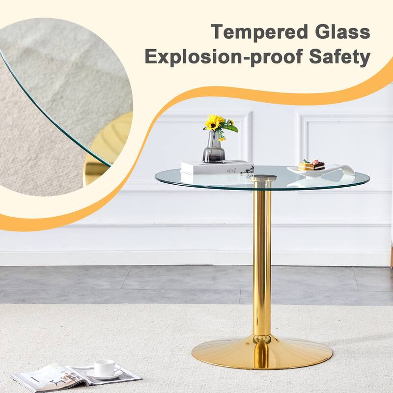 Roomfitters Round Glass Dining Table with 35 Inch Top and Gold Metal Legs for Dining or Meeting Spaces