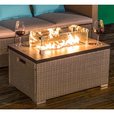 COSIEST Outdoor Rectangle Wicker Propane Fire Pit, Glass Wind Guard,Tank Outside