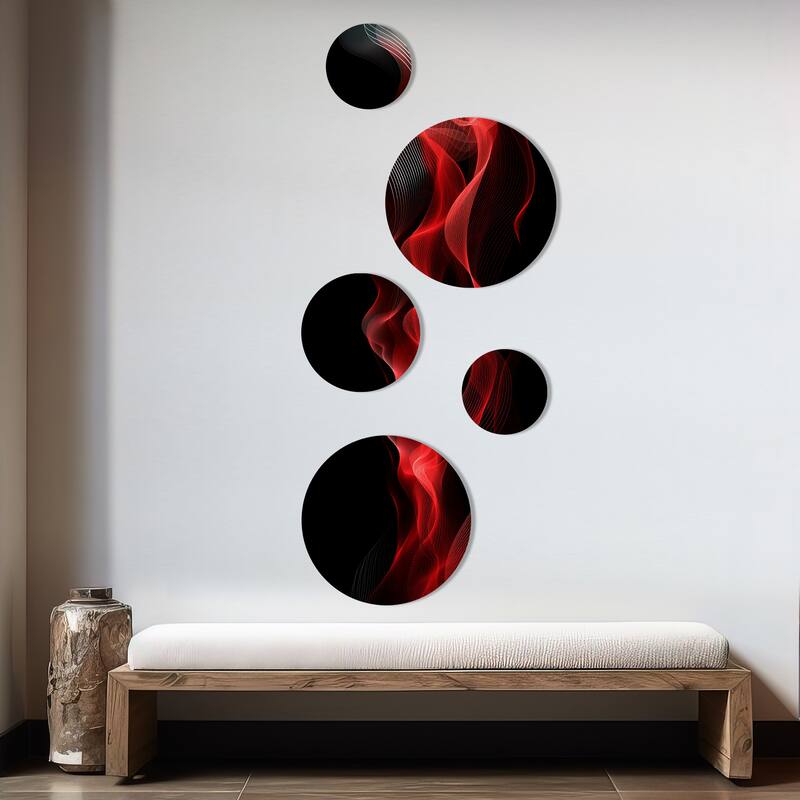Designart "Red Black Contemplative Abstraction IX" Modern Waves Metal Round Wall Art Set Of 5