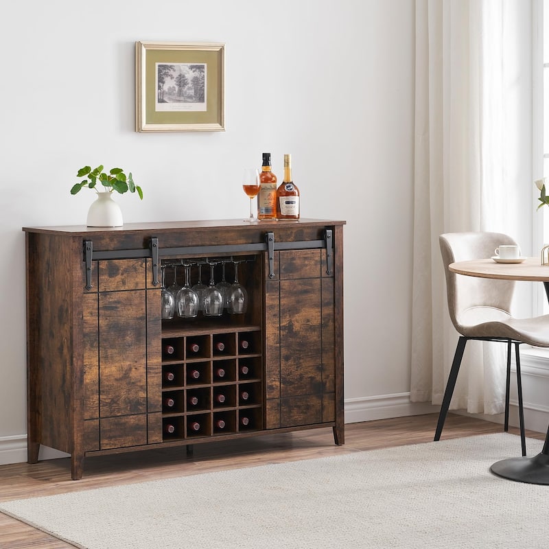 Farmhouse 47" Wine Bar Cabinet Buffet Sideboard Cabinet with 16 Bottle Wine Rack - 15.7"D x 47.2"W x 34.61"H