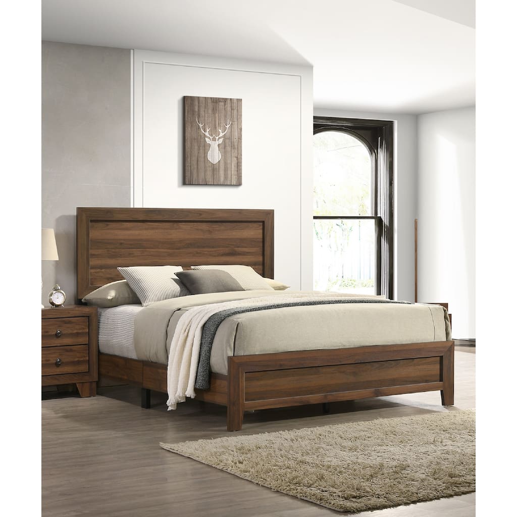 Contemporary Brown Cherry Finish Queen Size Panel Bed, Wooden Bedroom Furniture