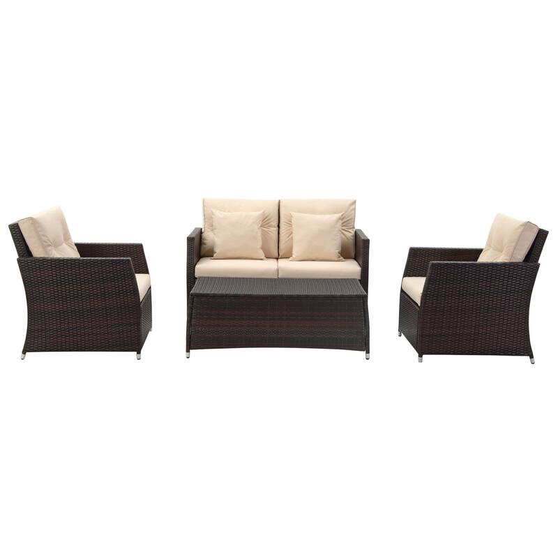 SAFAVIEH Outdoor Taya 4-Piece Living Set - 55W x 34D x 32H - Brown/Beige