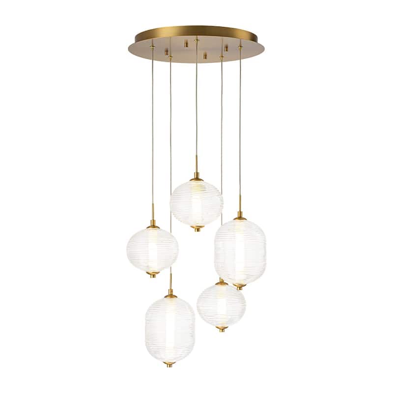Glam Etched Ribbed Glass 5-Light Cluster LED Chandelier 16.3 in