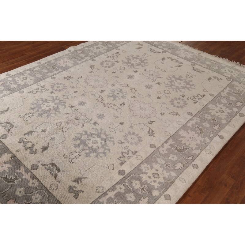 Ivory Oushak Indian Area Rug Hand-Knotted Wool Carpet - 6'3"x 8'8"