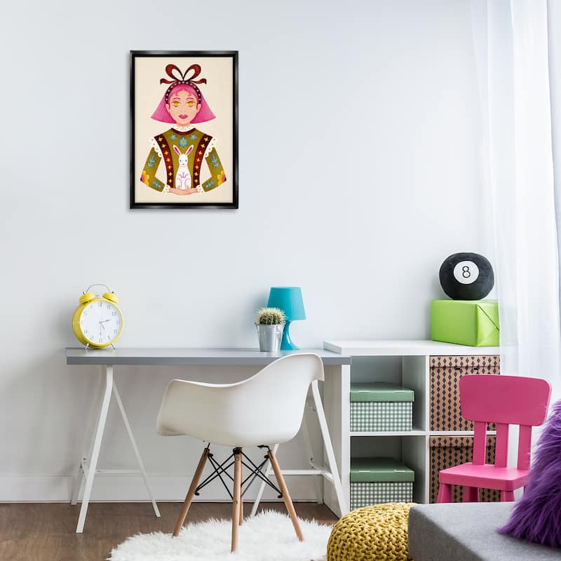 Stupell Pink Haired Girl & Bunny Framed Floater Canvas Wall Art Design By Hannah Moren