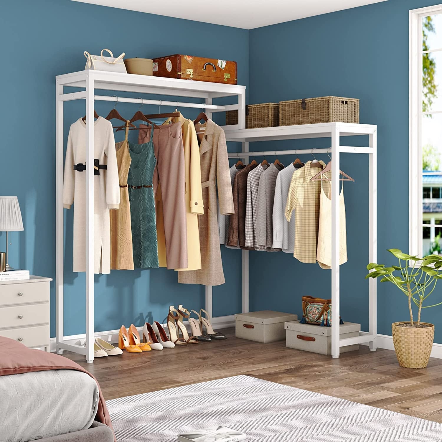Large closet organizer Double Hanging Rod Clothes Garment Racks with  Storage Shelves - On Sale - Bed Bath & Beyond - 33703331