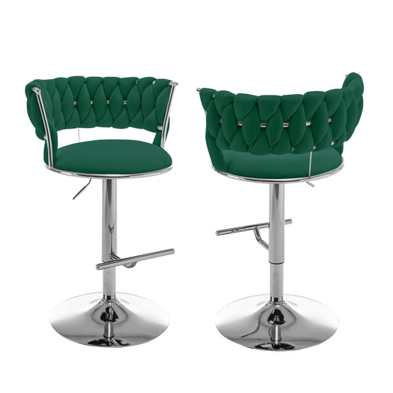 Best Quality Furniture Adjustable Velvet Barstools with Round Chrome Finish Base (Set of 2) - Emerald Green / Silver