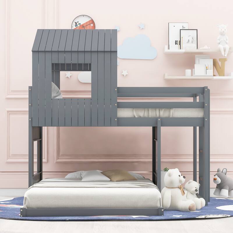 L-Shaped Bunk Bed Playhouse Wooden Twin Over Full House Bed, Loft Bed with Ladder and Guardrails for Bedroom Kids Play & Sleep