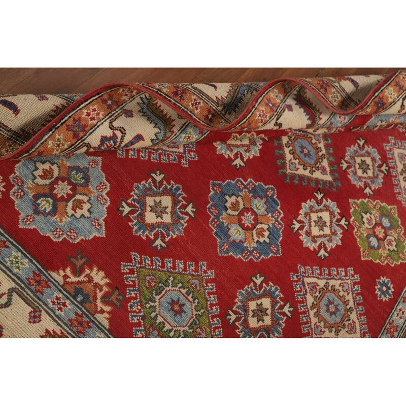 Red Geometric Kazak Area Rug Handmade Wool Carpet - 5'2" x 6'8"