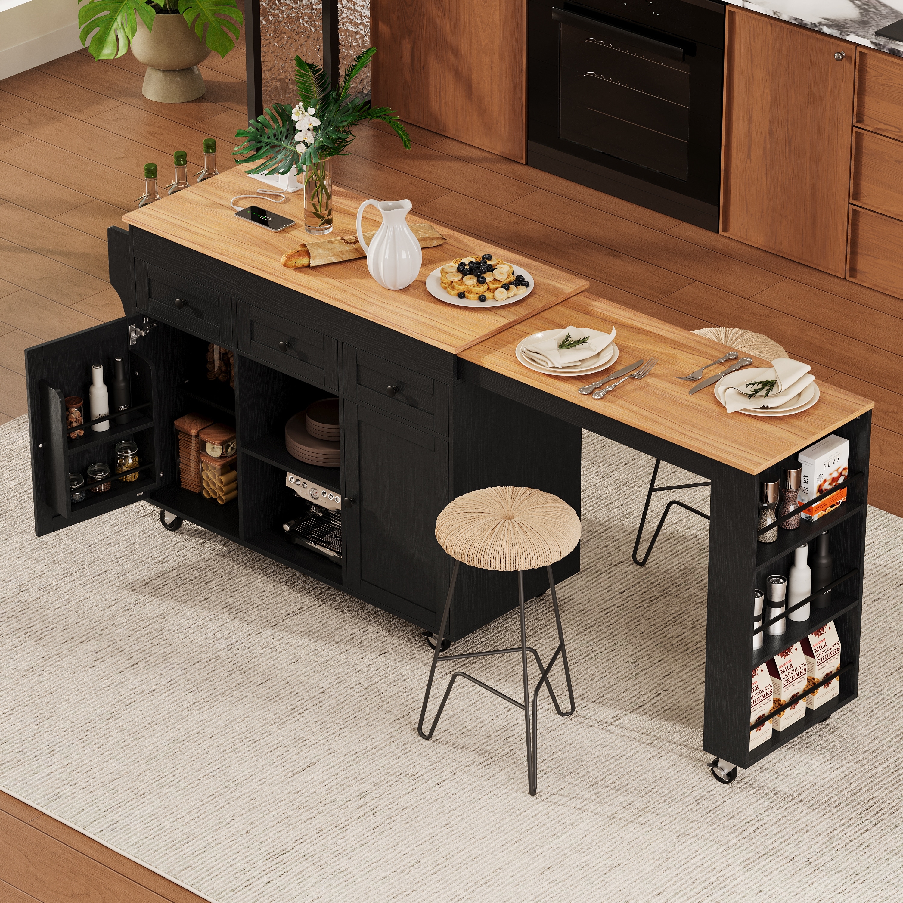85.5"Kitchen Island with Extendable Dining Table, with 3 Side Open Shelves,Rolling Island with Power Outlet,3 Drawers,2 Doors