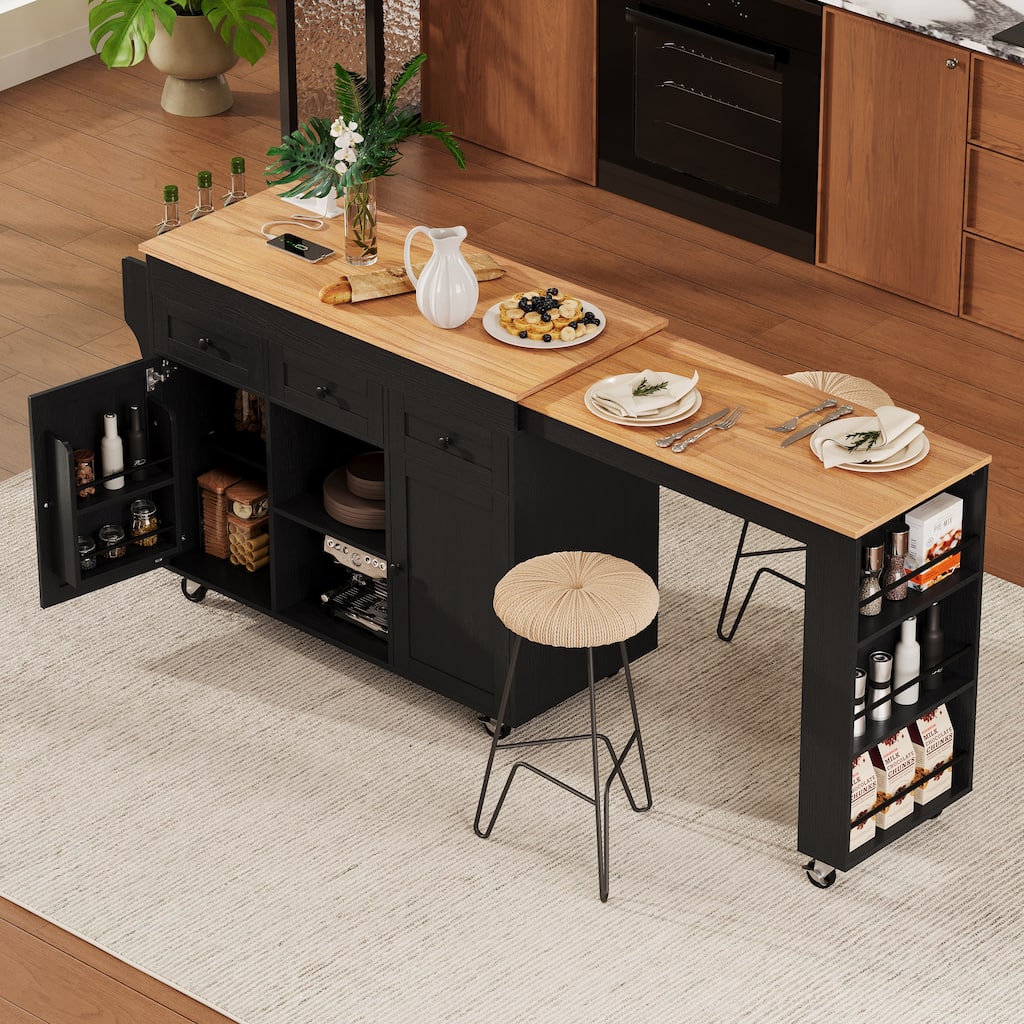 Anmytek Expandable Kitchen Island Cart Wood Top Black Storage Mobile Prep Station Small Space Modern