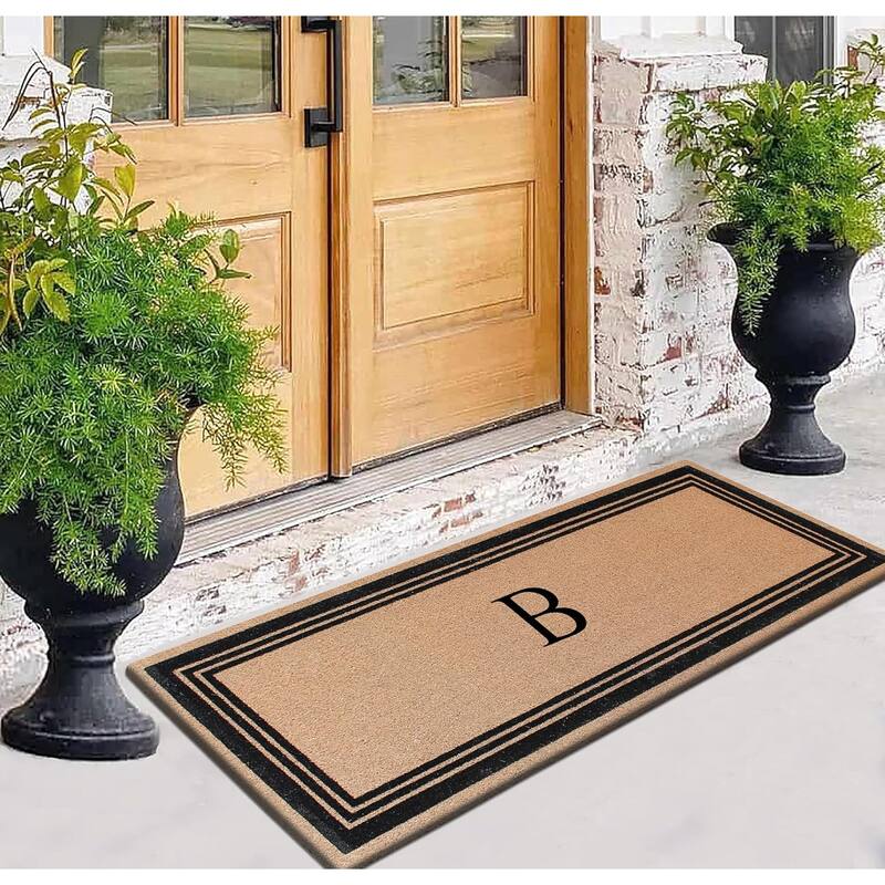 A1HC Natural Coir Monogrammed Flock Anti shed Treated Durable Doormat BlackBeige