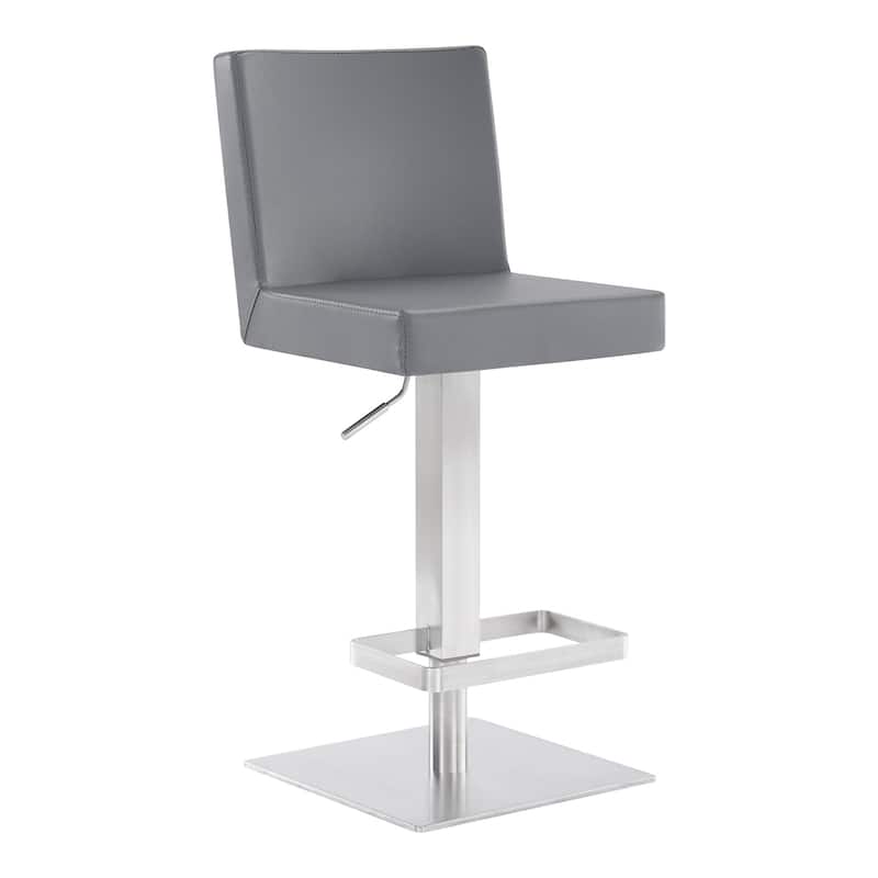 Grey Faux Leather Swivel Adjustable Bar Stool with Full Back and Footrest - 18” x 15.5” x 43.5” (D x W x H) - Grey-Silver