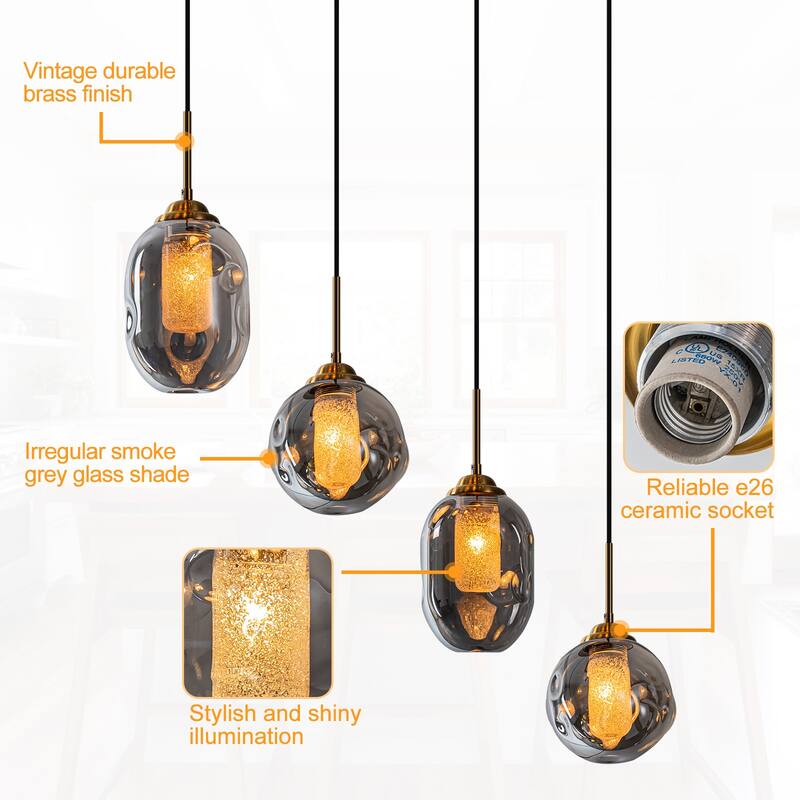 38.6" 4-Light Smoked Glass Linear LED Pendant Light for Kitchen Island