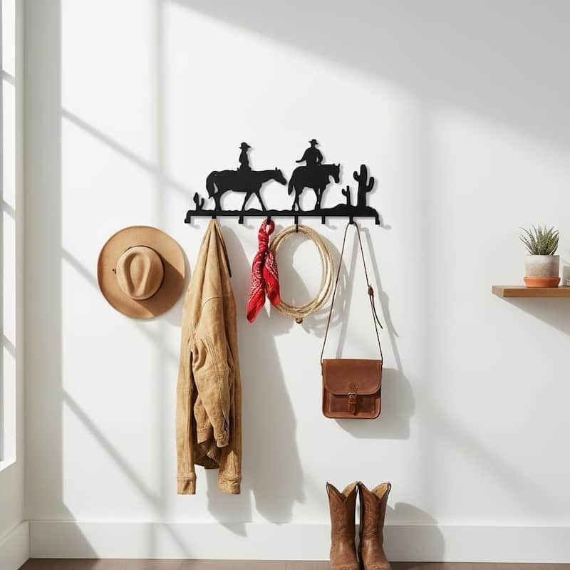 Cowboy Metal Wall Mounted Coat Rack - 32x14 Inches