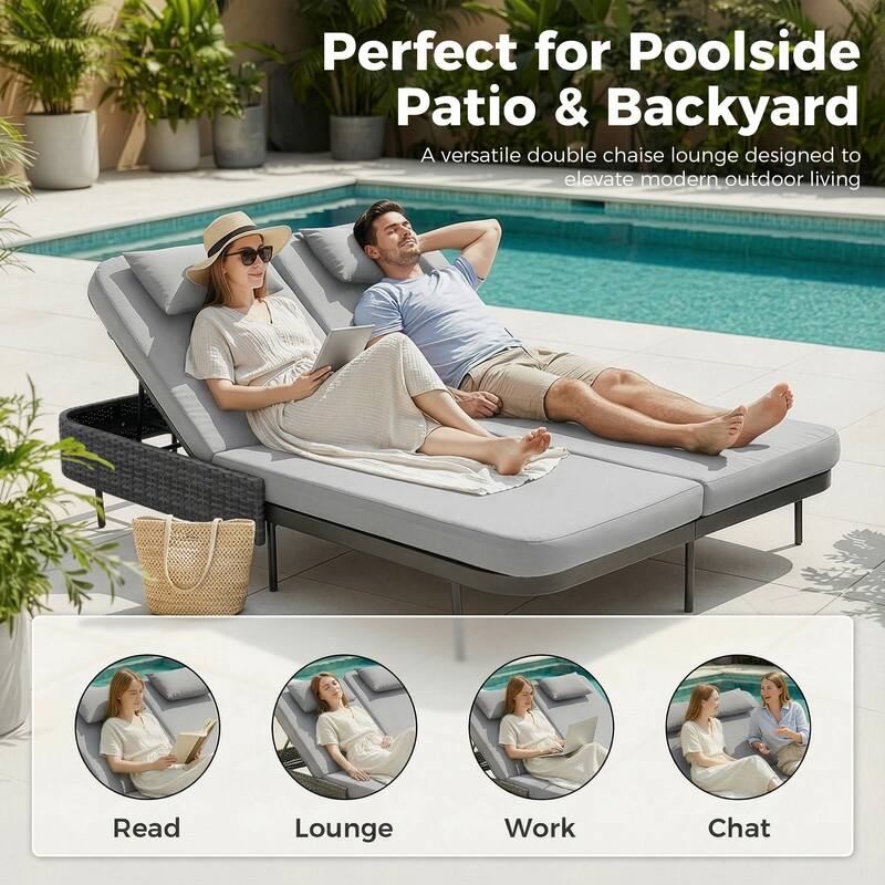 2-Person Outdoor Double Chaise Lounge, Wicker Patio Reclining Daybed with 6-Position Backrests, 4" Cushions, 800 lb Capacity