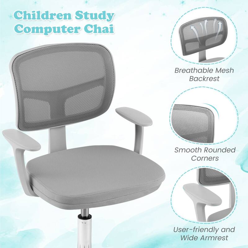 Kids Ergonomic Adjustable Height Study Chair with Swivel Seat and Mesh Backrest and Armrests