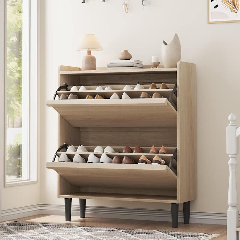 Drawer Wooden Shoe Cabinet with Adjustable Shelves - Natural - 2 Drawer