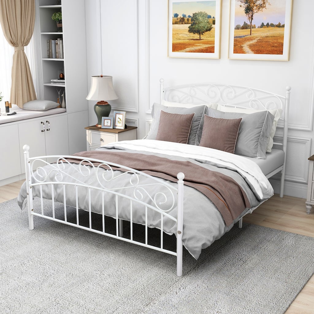 Queen Metal Platform Bed Frame with Headboard and Footboard, White