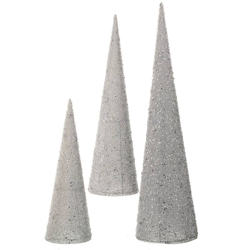 Set of 3 Silver Sequin Beaded Cone Christmas Trees 30"