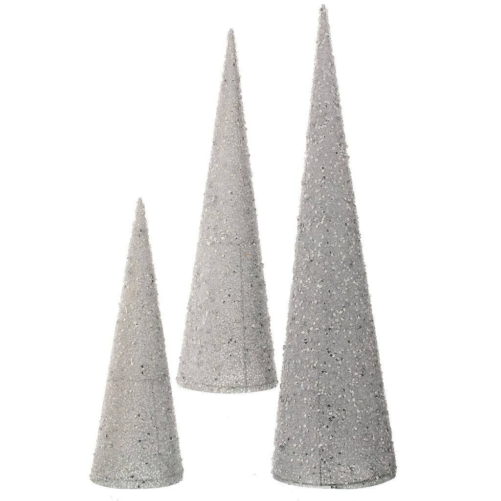 Set of 3 Silver Sequin Beaded Cone Christmas Trees 30"
