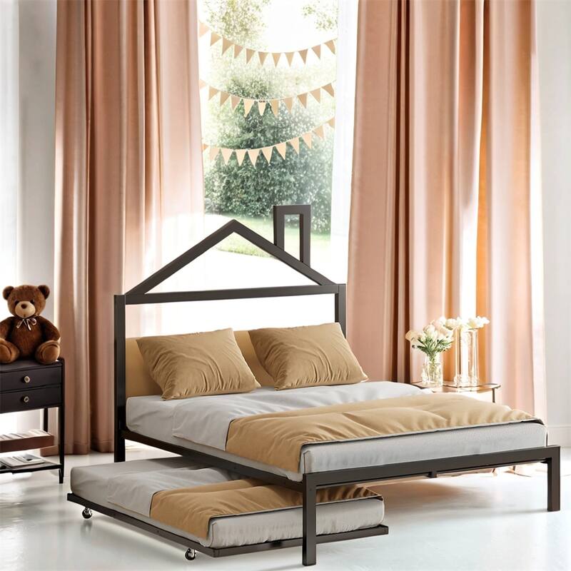 Full Size House Shaped Metal Platform Bed with Trundle