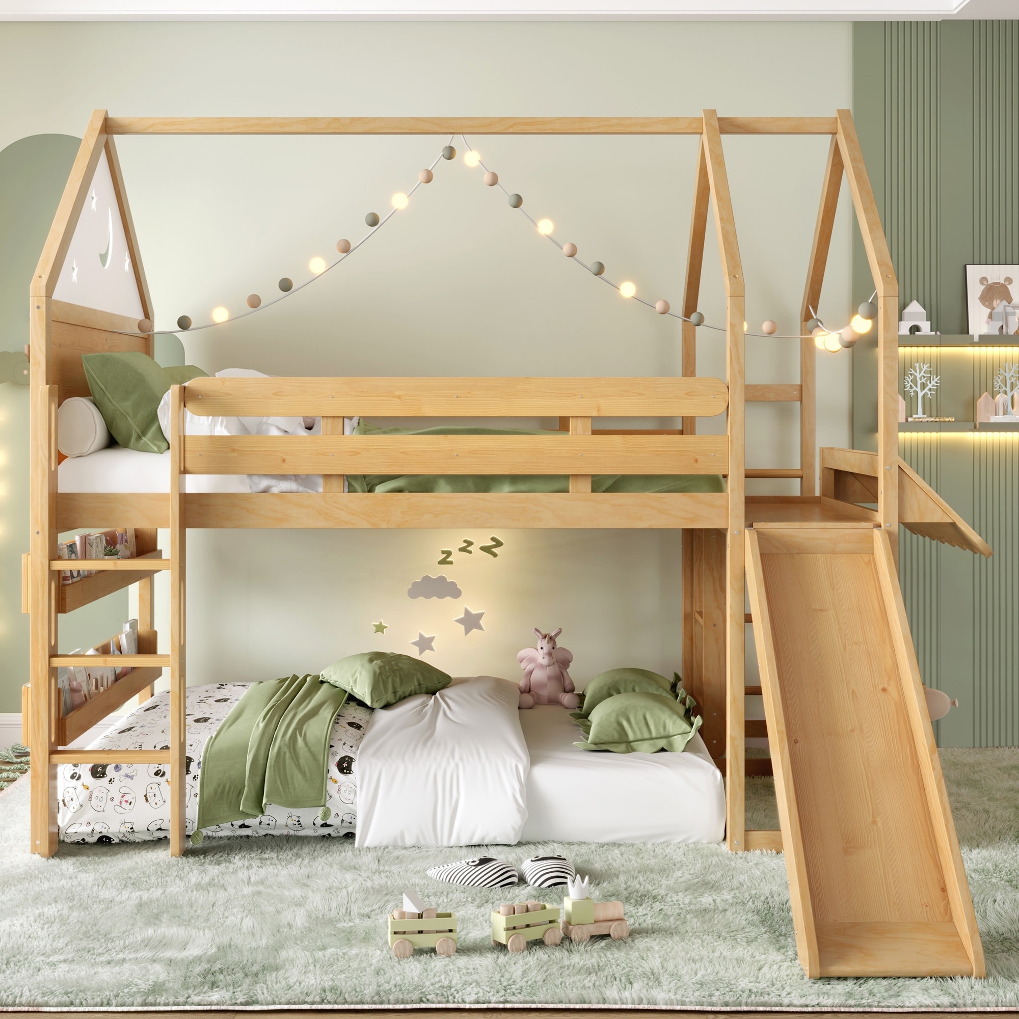 Loft Bed with Bookshelf Playful Design for Kids House-Shaped Structure with Slide High-Quality Safety Rails