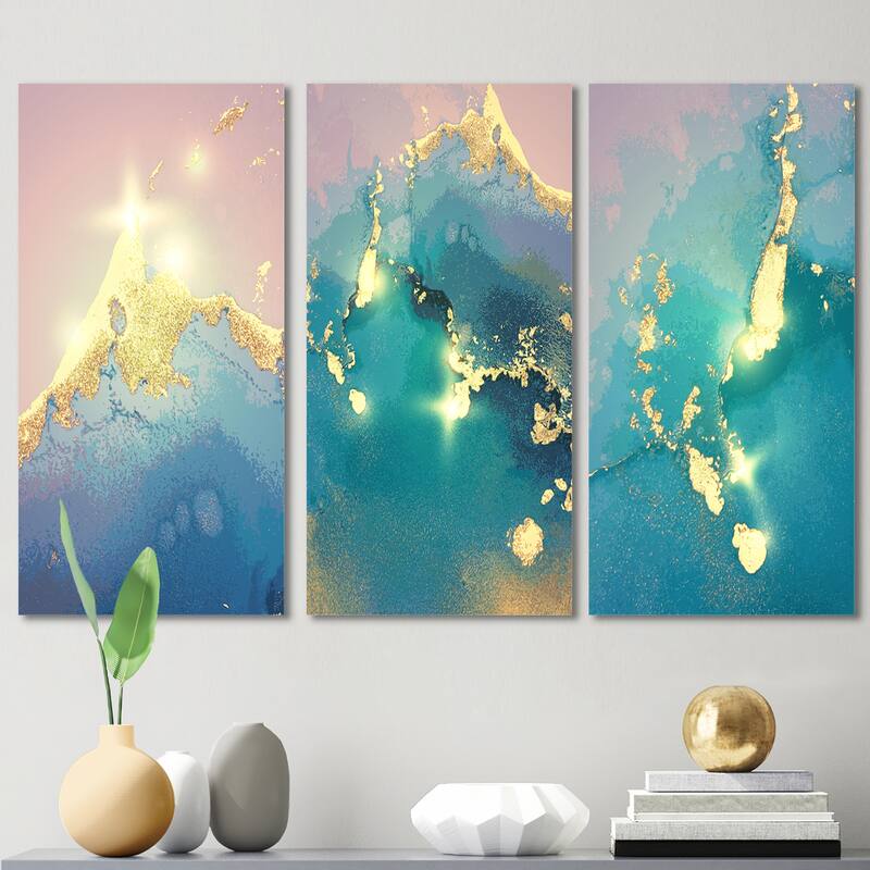 Designart 'Ocean Marble Liquid Art I' Glam Art Set of 3 Pieces - 48 in. wide x 32 in. high - 3 Panels
