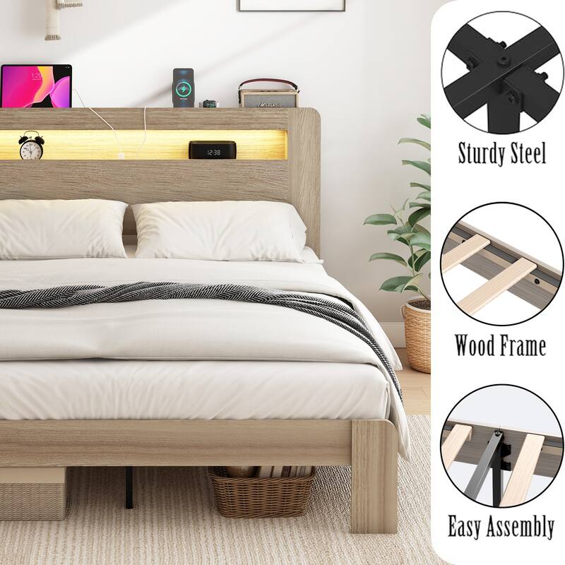 King Size Wood Platform Bed Frame with LED Light and 2 USB