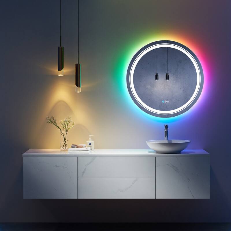 KIOTEE Super Bright LED Frontlit & RGB Backlit Anti-Fog Tempered Glass Bathroom Vanity Mirror with ETL and 3-Year Warranty