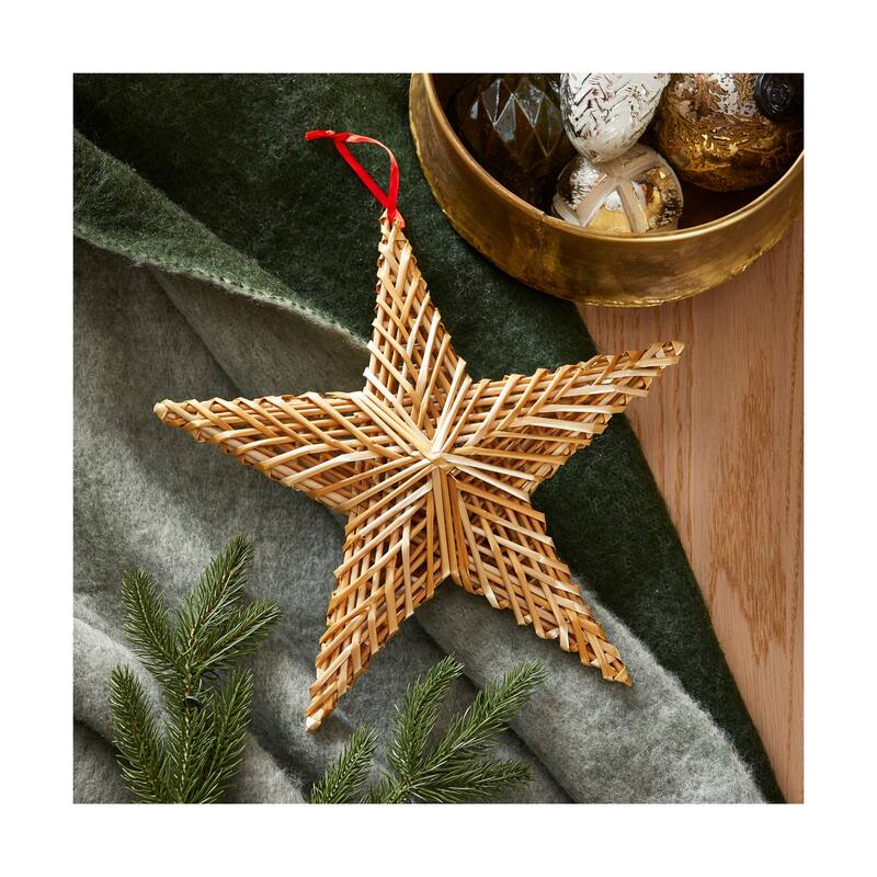 Straw Star Hanging Decor - Natural Grass Decorative Sculpture with LED Lighting, 11.8" x 11.8" for Everyday Use