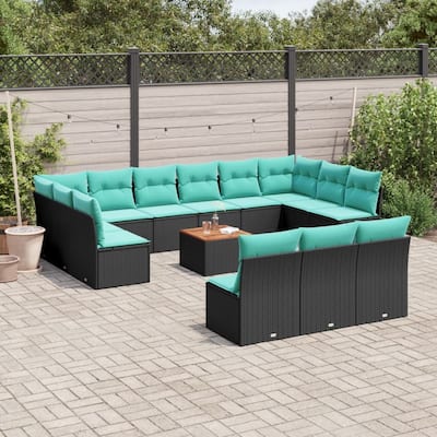 vidaXL 14 Piece Patio Sofa Set with Cushions Black Poly Rattan - 24.4 x 24.4 x 27.2