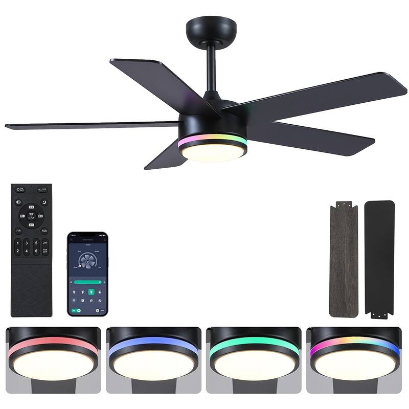 46 Inches Downrod Ceiling Fan with Light and Remote,Quiet DC Motor,Reversible Blades - 46 Inches - Black-RGB